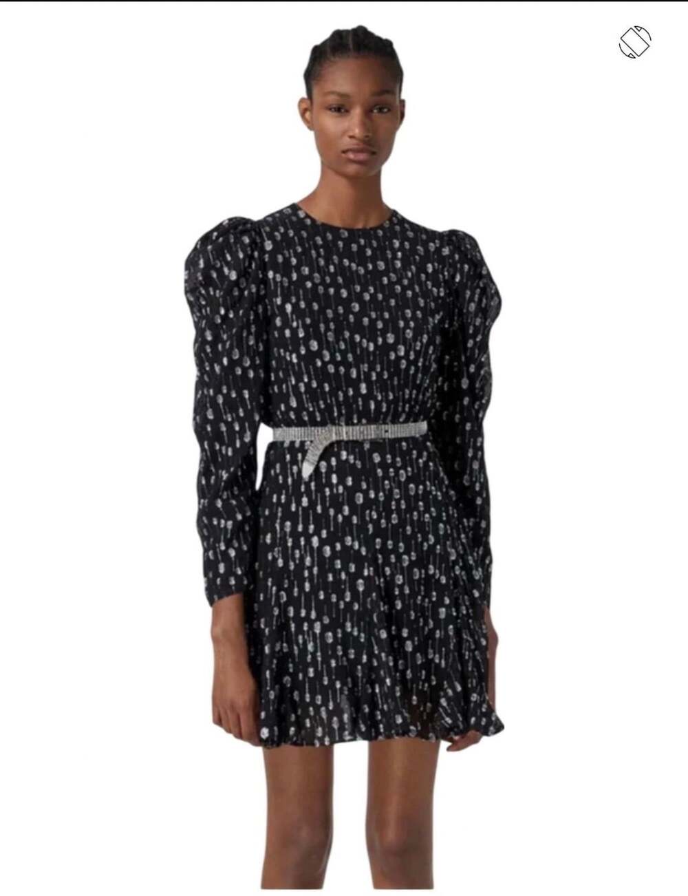 The Kooples Black Silver Metallic Polka Dot Puff Sleeve Mini Dress SZ 3 US Large